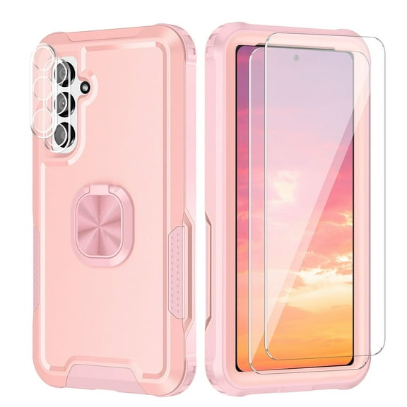 Petocase for Samsung Galaxy A54 5G Case,Heavy Duty Rugged Shockproof With 360° Ring Holder [Support Car Mount] Hybrid Bumper Silicone+Hard Back Cover,with 2 Screen Protector&Lens Protector-Rose Gold