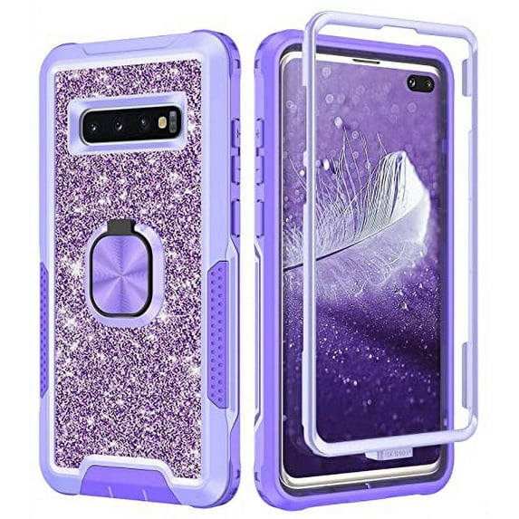 Petocase for Samsung Galaxy S10 Plus Case,Glitter Sparkly Shiny Bling Heavy Duty Rugged Full Body Shockproof Kickstand with 360°Ring Holder Support Car Mount,Light Purple