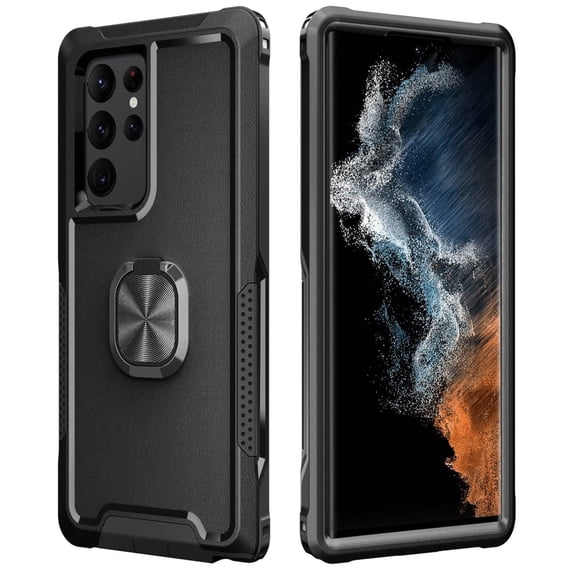 Petocase for Samsung Galaxy S22 Ultra Case,Heavy Duty Full Body Shockproof Kickstand with 360°Ring Holder Support Car Mount Hybrid Bumper Phone Cover,Black