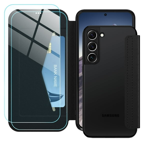 Petocase for Samsung Galaxy S23 Case [RFID Blocking] with 2 Tempered Screen Protectors,Slim Folio Flip Cover PU Leather Wallet Cover with Build in Lens Protector Clear Soft TPU Back,Black