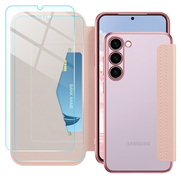 Petocase for Samsung Galaxy S23 Plus Case [RFID Blocking] with 2 Tempered Screen Protectors,Slim Folio Flip Cover PU Leather Wallet Cover with Build in Lens Protector Clear Soft TPU Back,Rose Gold