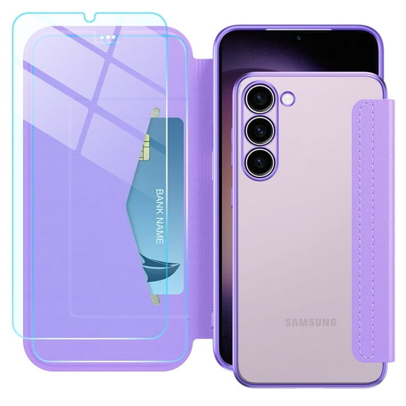 Petocase for Samsung Galaxy S23 Plus Case [RFID Blocking] with 2 Tempered Screen Protectors,Slim Folio Flip Cover PU Leather Wallet Cover with Build in Lens Protector Clear Soft TPU Back,Purple