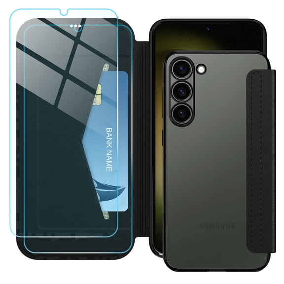 Petocase for Samsung Galaxy S23 Plus Case [RFID Blocking] with 2 Tempered Screen Protectors,Slim Folio Flip Cover PU Leather Wallet Cover with Build in Lens Protector Clear Soft TPU Back,Black