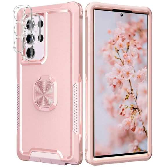 Petocase for Samsung Galaxy S23 Ultra Case,with 2 Pack Lens Protector Heavy Duty Full Body Shockproof Kickstand With 360° Ring Holder Support Car Mount, Rose Gold
