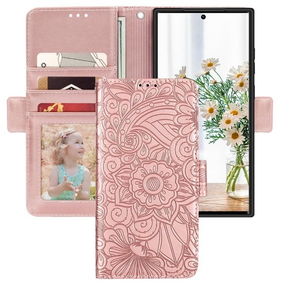 Petocase for Samsung Galaxy S23 Ultra Wallet Case,Embossed Mandala Floral Leather Folio Flip Wristlet Shockproof Protective ID Credit Card Slot Holder Cover for Women Girls,Rose Gold