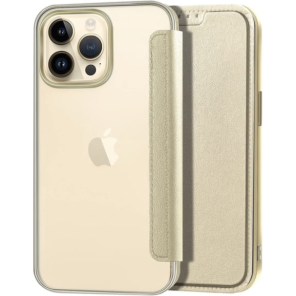 Petocase for iPhone 14 Pro Wallet Case,Slim Folio Flip Book Premium Protective PU Leather Wallet with Card Slot Clear Soft TPU Back Cover,Gold