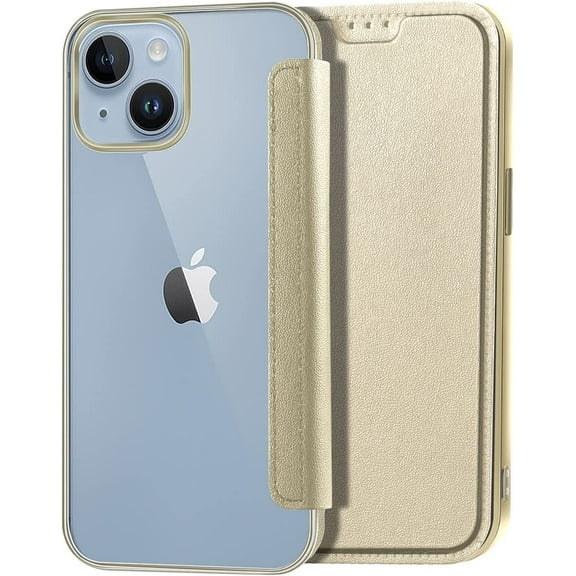 Petocase for iPhone 14 Wallet Case,Slim Folio Flip Premium Protective PU Leather Wallet with Card Slot Clear Soft TPU Back Cover,Gold