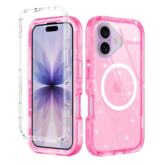 Petocase for iPhone 17 Case,Clear [Non Yellowing] [Compatible with Mag-safe] Shockproof Protection Rugged Heavy Duty 6.3" Cover Case,Glitter Pink