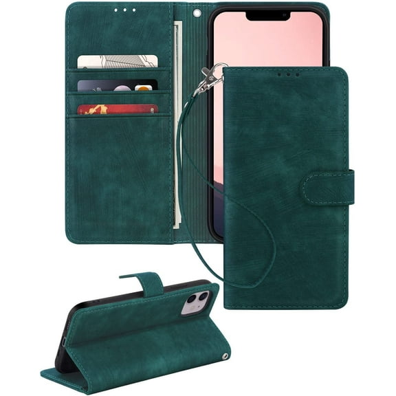 Petocase for iPhone 11 Wallet Case Cover,Durable PU Leather Magnetic Folio Flip Stand Wristlet Strap Card Holder Shockproof Protective Phone Cases for Women Men,Green