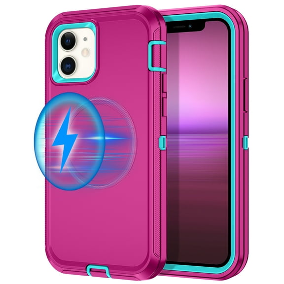 Petocase for iPhone 12 Case,iPhone 12 Pro Case,Compatible with MagSafe,Shockproof 3-Layer Protection Rugged Heavy Duty Cover Case for Apple iPhone 12/12 Pro 6.1",Rose Red/Turquoise