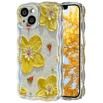 Petocase for iPhone 13 Case with Chain,Colorful Retro Oil Painting Printed Flower Cute Curly Wave Frame Shape,Laser Beam Glossy Pattern Soft TPU Shockproof Protective Case,Yellow