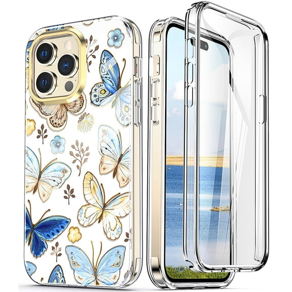Petocase for iPhone 15 Pro Case,Butterfly Pattern Design Full Body Rugged Shockproof with Built-in Screen Protector Drop Protective Phone Cover for Women Girls,White Butterfly