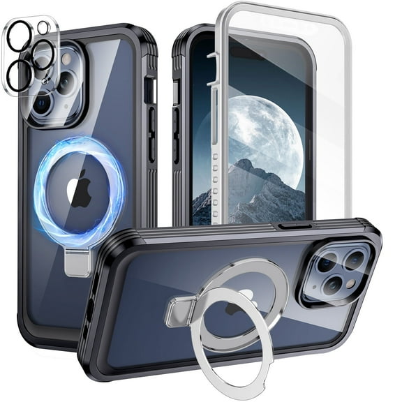 Petocase for iPhone 15 Pro Max Case with Magnetic,Invisible Stand,Compatible with Magsafe,Military Drop Proof Slim Transparent Full Body Cover with Built-in 9H Tempered Glass Screen Protector,Black