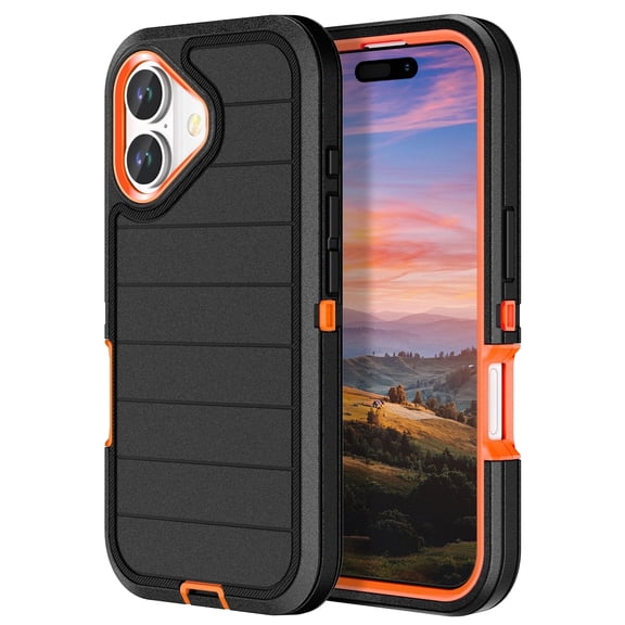 Petocase for iPhone 16 Case,Heavy Duty Protection Shockproof Military Grade 3 in 1 Rugged Anti-dust DropProof Silicone Rubber with Hard PC Phone Cover for iPhone 16 6.1'' 2024 Released,Black/Orange