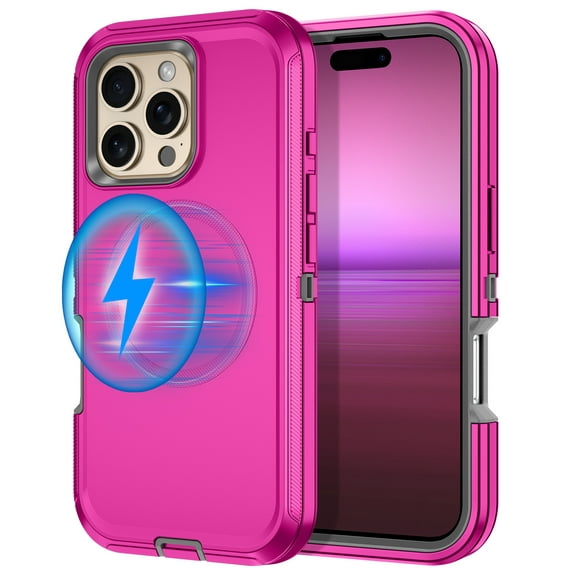 Petocase For iPhone 16 Pro Max Case,Compatible with MagSafe,Military Grade Drop 3 Layer Protection Rugged Case,Magnetic Phone Cover for iPhone 16 Pro Max 6.9 inch,Rose Red/Gray