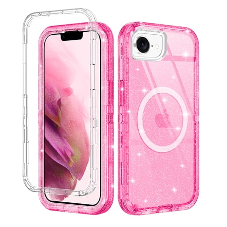 Petocase for iPhone 16e Case,Compatible with MagSafe,Shockproof Military-Grade Protection Cover,Slim Anti-Yellowing and Anti-Scratch Magnetic Phone Case for iPhone 16e 6.1'' 2025,,Glitter Pink
