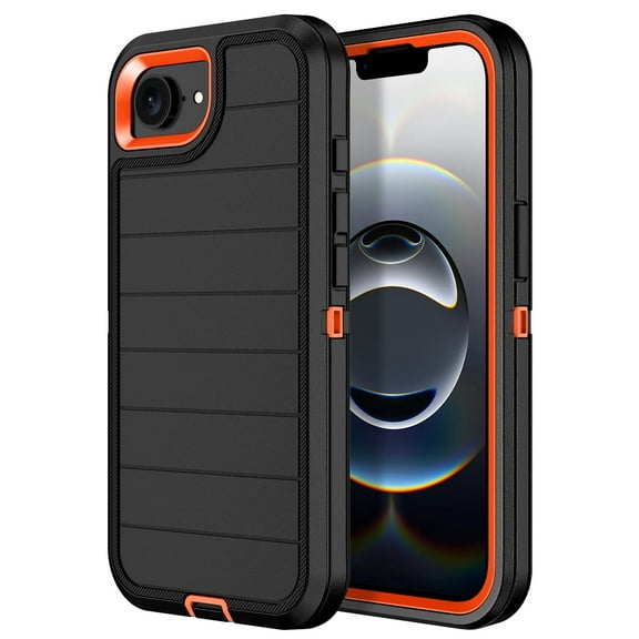 Petocase For iPhone 16e Case,Stripe Heavy Duty Shockproof Dust/Drop Poof 3 Layers Protection Rugged Cover Case for iPhone 16e 2025 6.1",Black/Orange