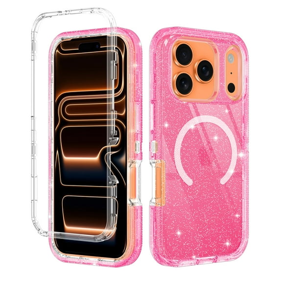 Petocase for iPhone 17 Pro Case,Clear [Non Yellowing] [Compatible with Mag-safe] Shockproof Protection Rugged Heavy Duty Cover Case for 17 Pro 6.3",Glitter Pink