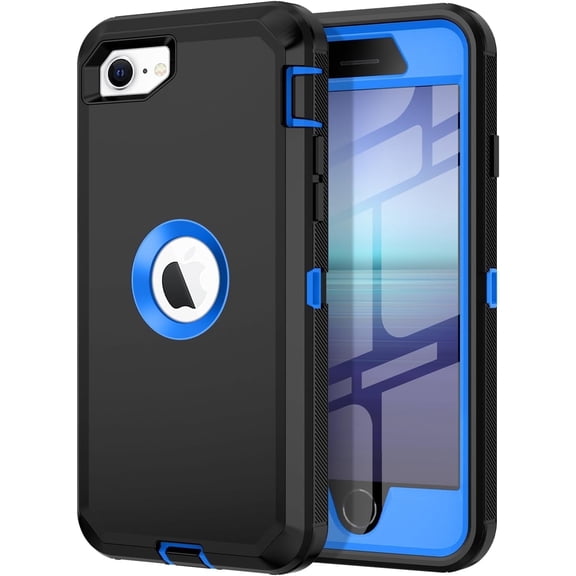 Petocase for iPhone SE 2022/2020 Case Built-in Screen Protector Shockproof Dust/Drop Proof 3 in 1 Full Body Rugged Heavy Duty Cover for iPhone SE 3rd/2nd Gen 4.7,Black/Blue