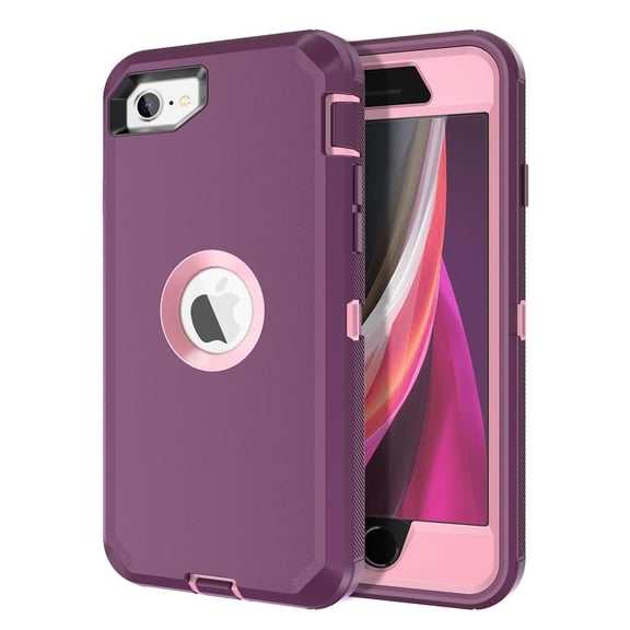 Petocase for iPhone SE 2022/2020 Case Built-in Screen Protector Shockproof Dust/Drop Proof 3 in 1 Full Body Rugged Heavy Duty Durable Cover for iPhone SE 3rd/2nd Gen 4.7, Purple/Pink