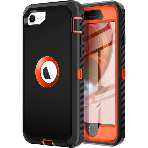 Petocase for iPhone SE 2022/2020 Case,Built-in Screen Protector Shockproof Dust/Drop Proof 3 in 1 Full Body Rugged Heavy Duty Durable Cover,Black/Orange