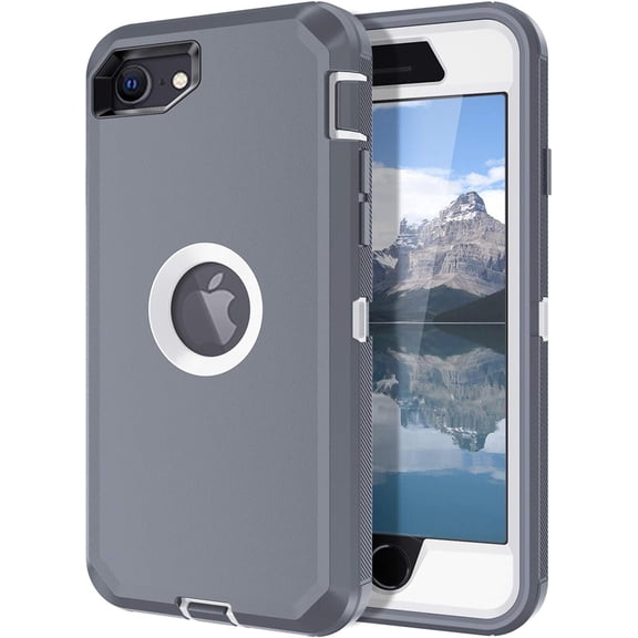 Petocase for iPhone SE Case 3rd & 2nd Generation, for iPhone SE 2022/2020 Built-in Screen Protector Heavy Duty Protective Shockproof 3-Layer Full Body Rugged Phone Cover,Gray/White