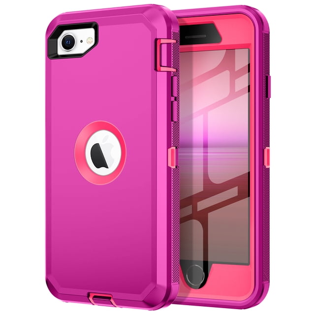 Petocase for iPhone SE Case 3rd & 2nd Generation, for iPhone SE 2022/2020 Built-in Screen Protector Heavy Duty Protective Shockproof 3-Layer Full Body Rugged Phone Cover,Rose Red/Pink