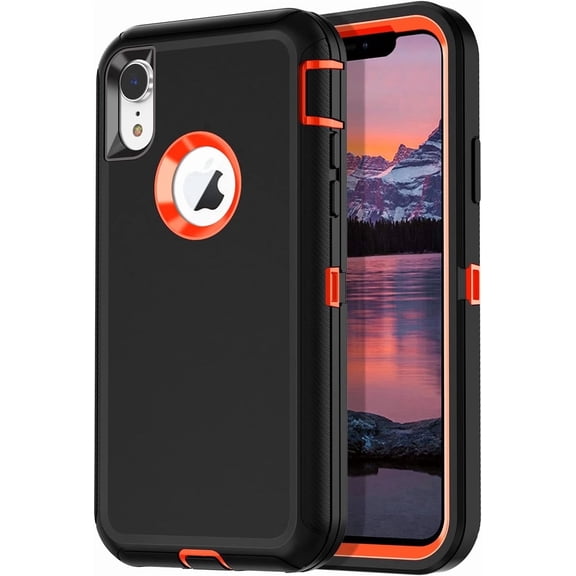 Petocase for iPhone XR Case,Shockproof Dust/Drop Proof 3-Layer Full Body Protection [Without Screen Protector] Rugged Heavy Duty Durable Cover Case,Black/Orange