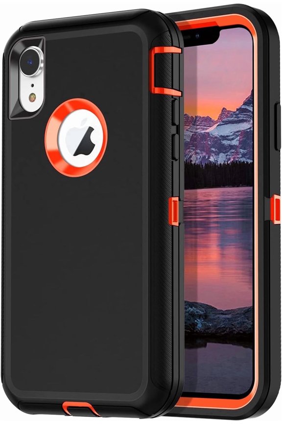 for iPhone XR Case,Shockproof Dust/Drop Proof 3-Layer Full Body Protection [Without Screen Protector] Rugged Heavy Duty Durable Cover Case,Black/Orange