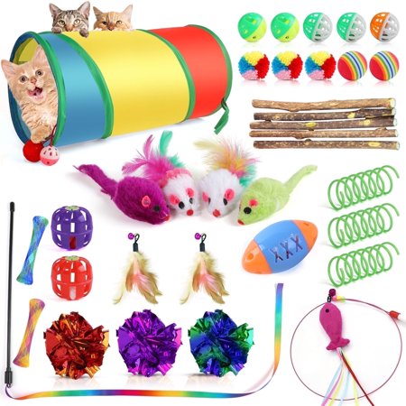 Jewyow 35 PCS Cats Toy Assortment, Catnip Toys, Interactive Pet Balls, Kitten Chew Toys, Feather Teaser Wand, Rainbow Tunnel & Mice Toys for Indoor Kitty