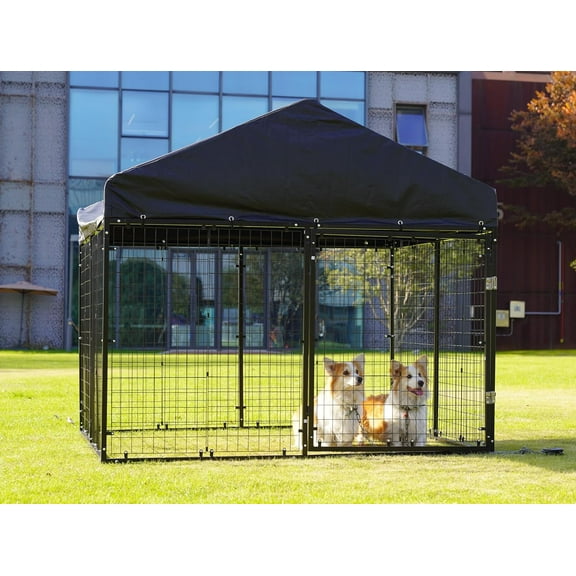 Petony Large Outdoor Dog Enclosure,Heavy Duty Dog Cage with Roof,Galvanized Steel Dog Kennel Fence with Double Safety Locks(6.56'x 6.56')