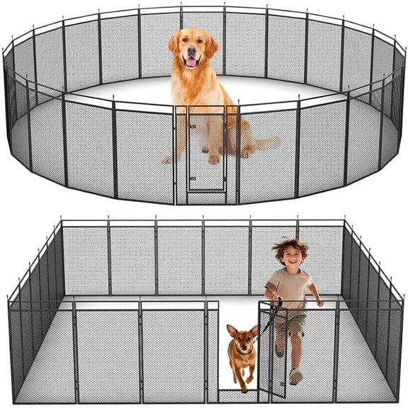 Petorldog 24" Height 14 Panels Dog Fence with Safety Mesh Including 2 Gates, Heavy Duty Metal Dog Playpen Indoor Outdoor for Yard, Camping & RV | Black-Silver