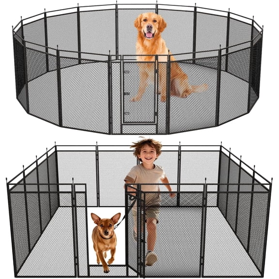 Petorldog 32" Height 14 Panels Dog Fence with Safety Mesh Including 2 Gates, Heavy Duty Metal Dog Playpen Indoor Outdoor for Yard, Camping & RV | Black-Silver