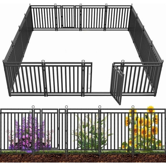 Petorldog Decorative Garden Fence, 18ft x 32in, 7 Panels   1 Gate, No Dig Metal Dog Fence for Yard & Patio | Black-Silver