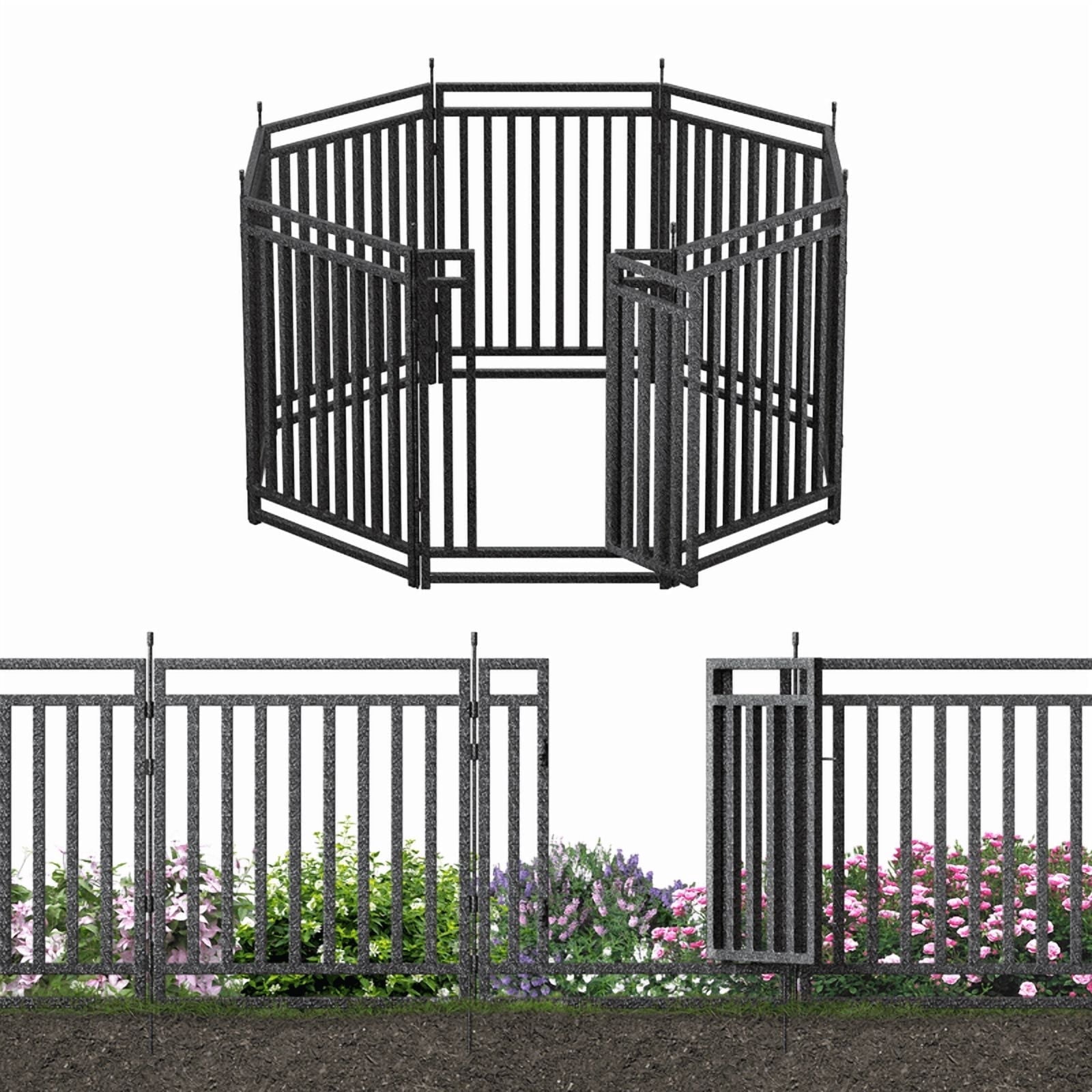 Petorldog Decorative Garden Fence, 18ft x 40" Height, 7 Panels + 1 Gate, No Dig Fence, ideal for Pets, Privacy & Decoration, Black Silver