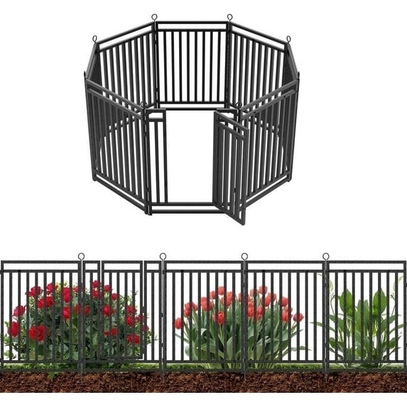 Petorldog Decorative Garden Fence, 18ft x 40in, 7 Panels + 1 Gate, No Dig Metal Dog Fence for Yard | Black-Silver
