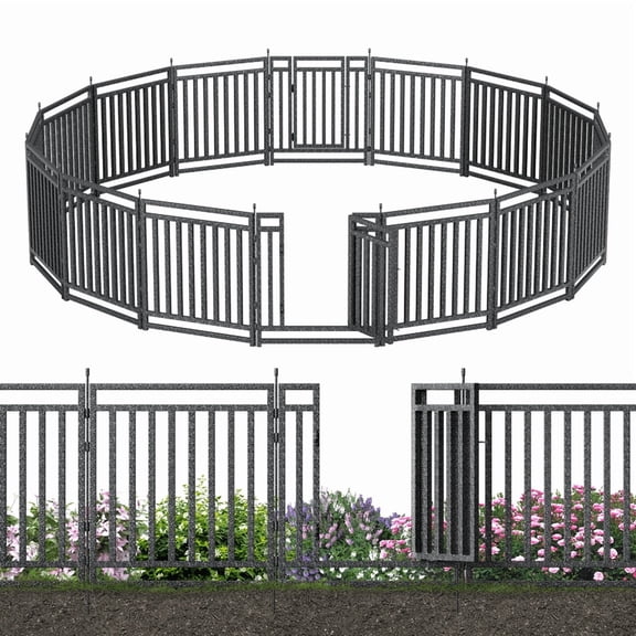 Petorldog Decorative Garden Fence, 36ft x 32" Height, 14 Panels + 2 Gates, No Dig Fence, ideal for Pets, Privacy & Decoration, Black Silver