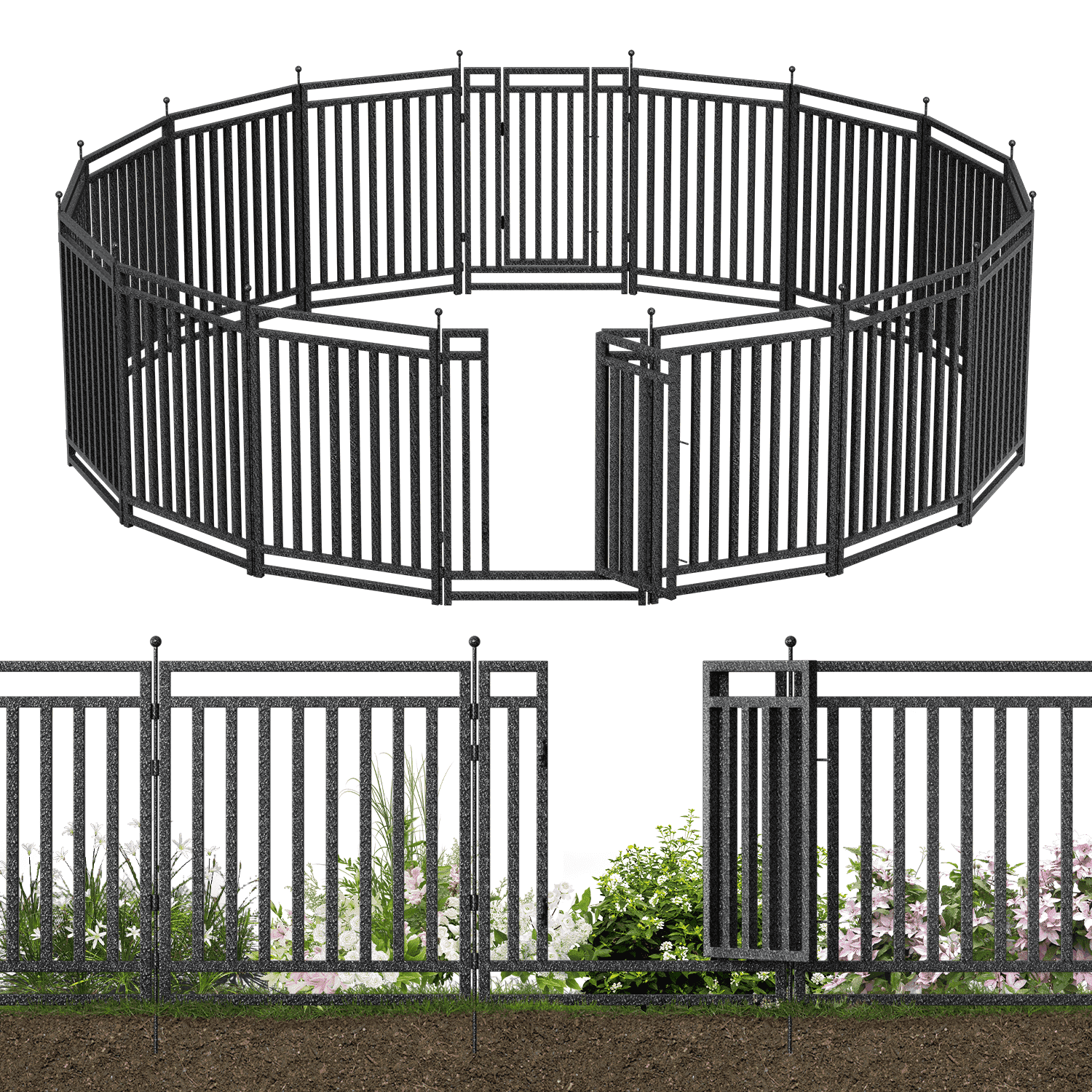 Petorldog Decorative Garden Fence, 36ft x 40in, 14 Panels + 2 Gates, No Dig Metal Dog Fence for Yard | Black-Silver