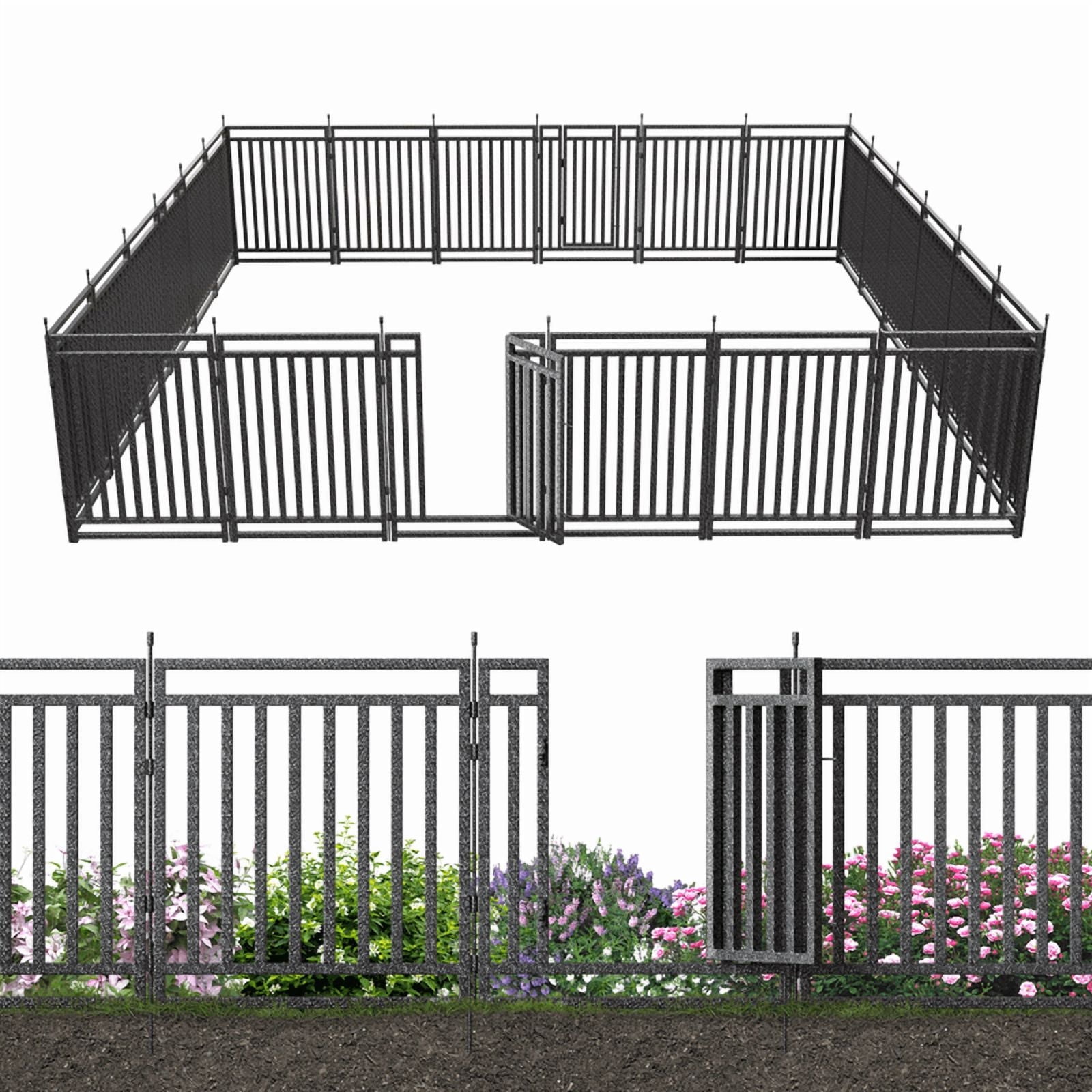 Petorldog Decorative Garden Fence, 54ft x 40in , 21 Panels + 3 Gates, No Dig Metal Dog Fence for Yard | Black-Silver