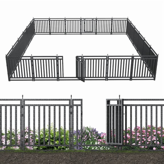 Petorldog Decorative Garden Fence, 55ft x 32" Height, 21 Panels + 3 Gates, No Dig Fence, ideal for Pets, Privacy & Decoration, Black Silver