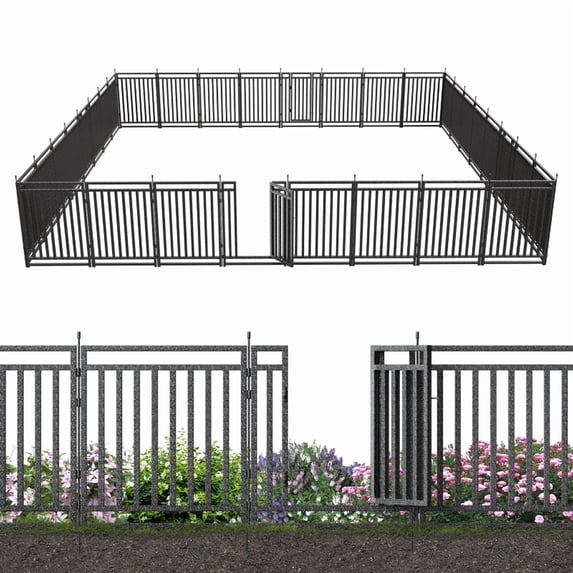 Petorldog Decorative Garden Fence, 73ft x 40" Height, 28 Panels + 4 Gates, No Dig Fence, ideal for Pets, Privacy & Decoration, Black Silver