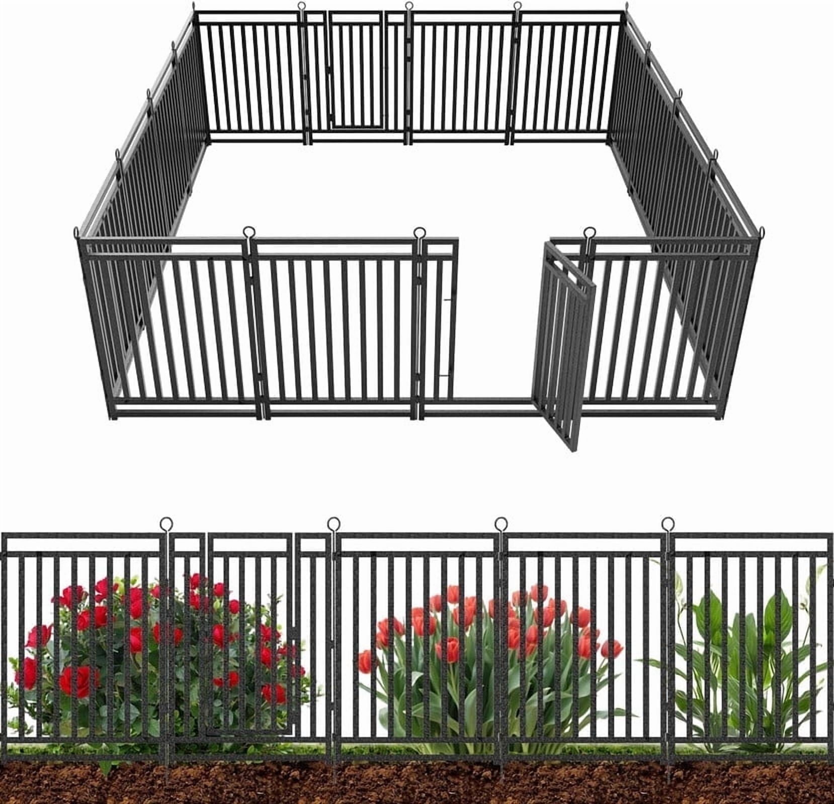 Petorldog Decorative Garden Fence Metal Dog Fence Outdoor for Yard, 36ft (L) x 40in (H), 14 Panels + 2 Gates, No Dig Fence for Patio | Black-Silver