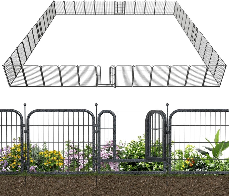 Petorldog Decorative Garden Metal Fence 110ft (L)×40in (H) with 42 Panels 6 Gates Outdoor, No Dig Fence, Animal Barrier Fencing for Outdoor Yard Patio Flower Bed（Black-Silver）