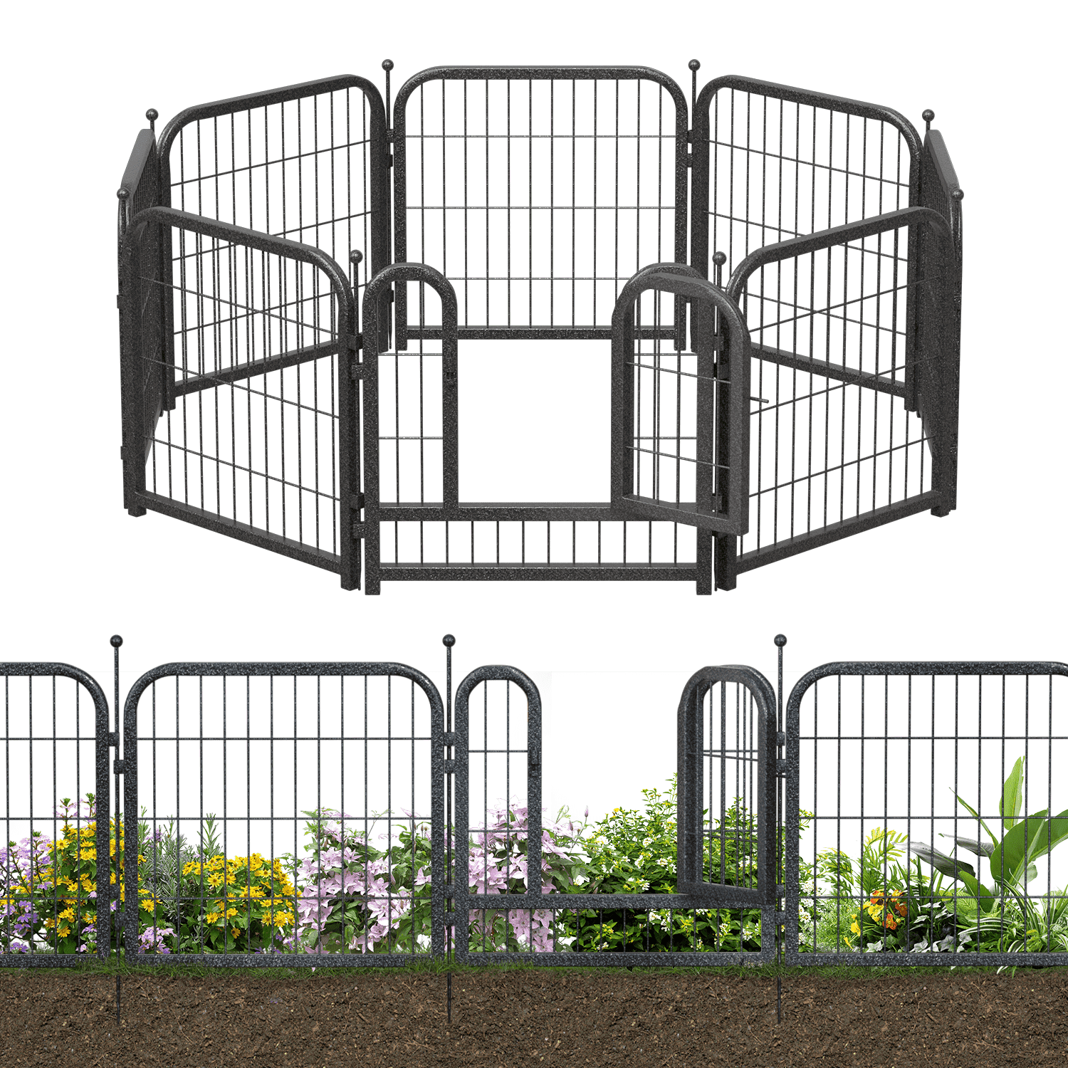 Petorldog Decorative Metal Garden Fence 15.7ft x 24in, 7 Panels, 1 Gate, No-Dig Animal Barrier, Black-Silver