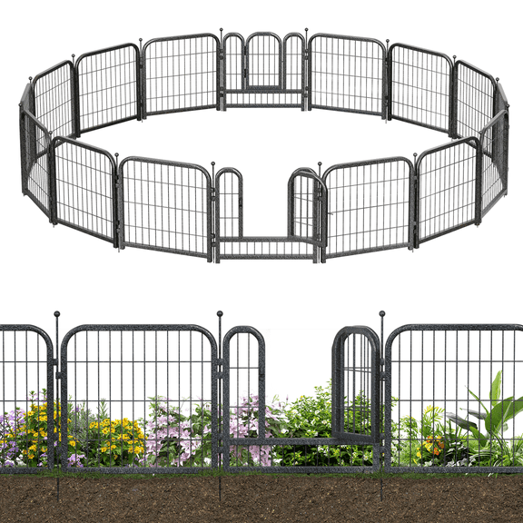 Petorldog Decorative Garden Fence 31.4ft x 24in, 14 Panels, 2 Gates, No-Dig Rustproof Wire Animal Barrier for Yard & Patio, Black-Silver