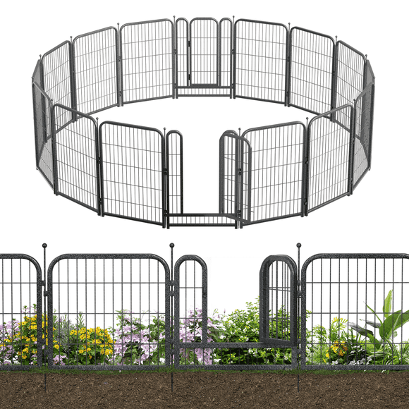 Petorldog Decorative Garden Metal Fence 36ft (L)×40in (H) with 14 Panels 2 Gate Outdoor, No Dig Rustproof Wire, Animal Barrier Fencing for Outdoor Yard Patio Flower Bed,（Black-Silver）