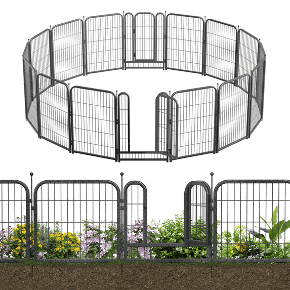 Petorldog 36ft x 40in Garden Fence, 14 Panels & 2 Gates, Rustproof No-Dig Animal Barrier (Black-Silver)
