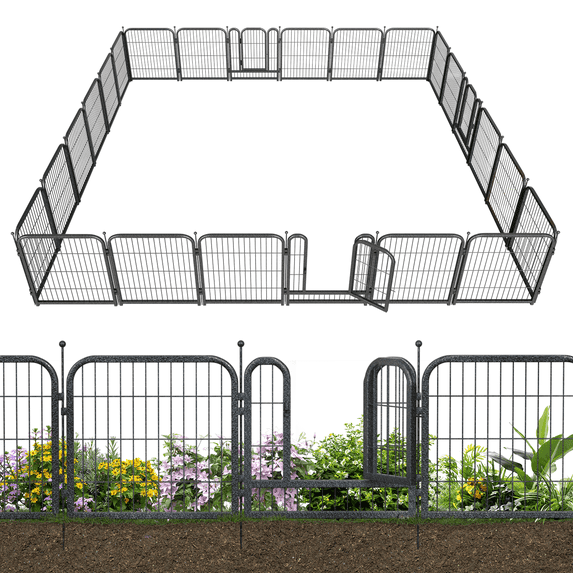 Petorldog Decorative Metal Garden Fence 54ft x 32in, 21 Panels, 3 Gates, No Dig Rustproof Wire Animal Barrier for Yard & Patio, Black-Silver