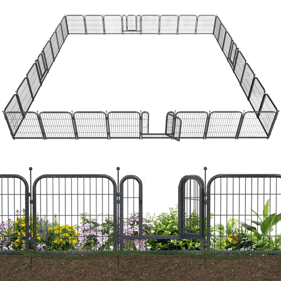 Petorldog Decorative Metal Garden Fence 72ft x 32in, 28 Panels, 4 Gates, No-Dig Rustproof Wire Animal Barrier for Yard & Patio, Black-Silver