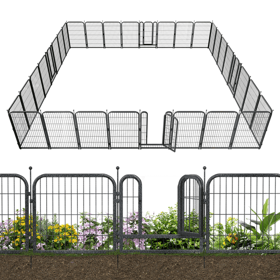 Petorldog Garden Fence 72ft x 45in, 28 Panels & 4 Gates, No-Dig Rustproof Barrier for Yard (Black-Silver
